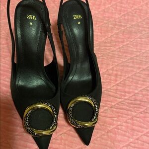 Zara Black Heels with Gold Buckle